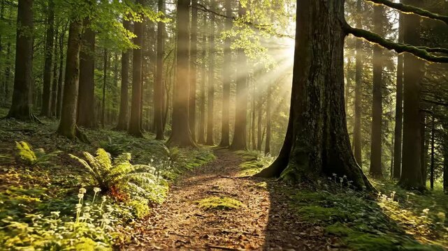 Sunbeams in a Lush Forest - The video captures a sun-drenched forest path, with beams of light filtering through tall trees. Ferns and moss cover the ground, creating a vibrant green undergrowth.