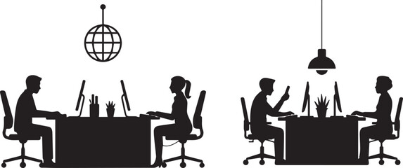 Silhouettes of office workers at desks with disco ball and hanging light fixture