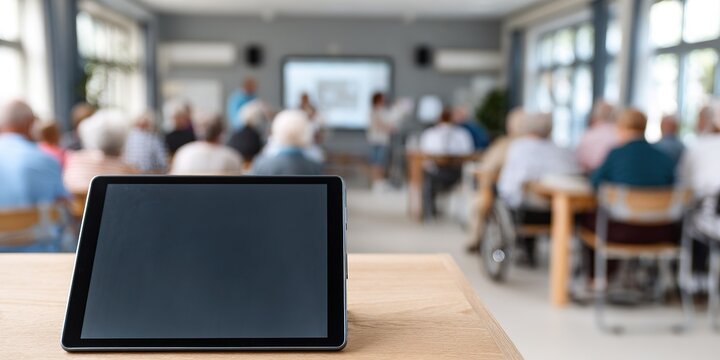 Technology in education session for seniors in a bright classroom setting with engaged participants