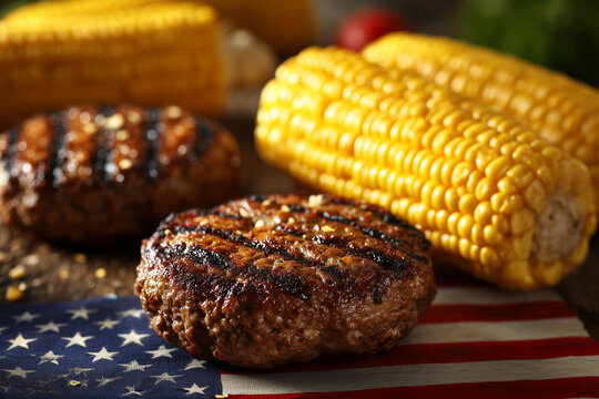 Grilled burgers and corn on the cob with an American flag backdrop, representing summer fun and patriotism. Ideal for holiday, picnic, or food concepts. High quality