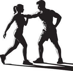 Silhouettes of a man and woman exercising together in a gym