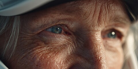 Elderly astronaut gazes with determination during a space mission preparation