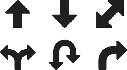 Collection of Six Black Arrows Showing Different Directions Keywords: arrows, direction, movement
