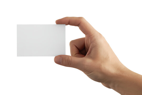 Hand holding a blank white business card isolated on white background