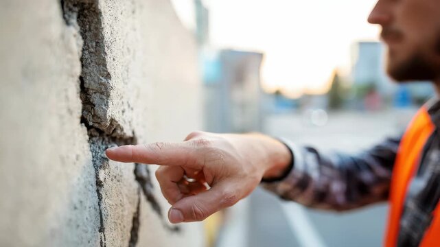 Construction worker examines a cracked concrete wall, pointing at the damage with focus on details, showcasing the importance of structural integrity and safety measures