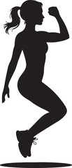 Silhouette of a woman jumping with one arm raised in a fitness pose