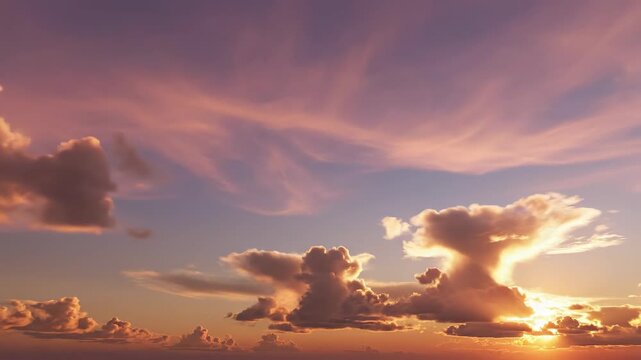 Colorful Sunset Sky with Clouds - A vibrant sunset fills the sky with shades of pink, orange, and blue. Cumulus clouds are scattered throughout the horizon, some illuminated by the setting sun.