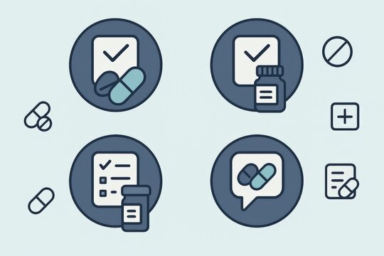 Visual representation of medication management with pill icons prescription checklists and communication symbols illustrating healthcare efficiency and patient engagement