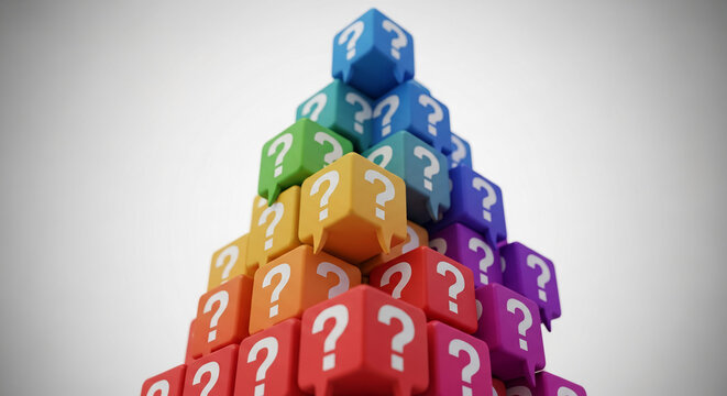 Pyramid of colorful cubes with question mark, resembling speech bubble. Representative of questions, answers, solutions, and problem solving concepts.