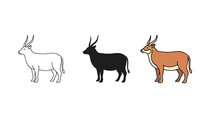 Set of sable antelope illustrations vector line art and silhouette wildlife animal icon for logo or design element isolated on white background
