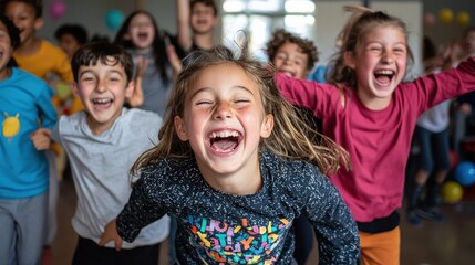 A group of kids playing musical chairs at a lively birthday party, with laughter and cheering