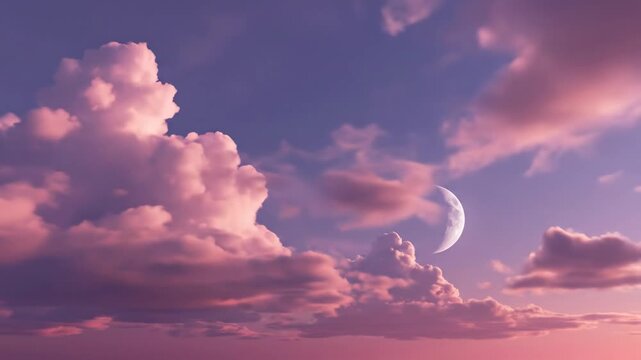Pink Clouds and Crescent Moon at Sunset - A serene scene features a crescent moon set against a vibrant sky filled with soft, pink-hued clouds.