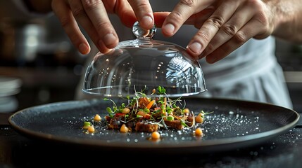 Exquisite culinary artistry revealed as a chef unveils a meticulously plated appetizer with vibrant microgreens and gourmet details