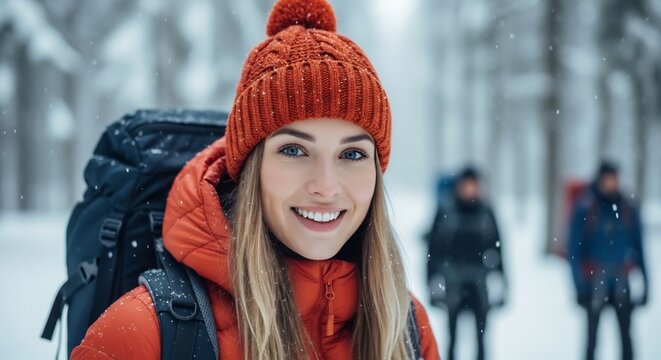 Smiling young woman hiking in winter wonderland. Portrait for travel, adventure, outdoor recreation, or seasonal marketing. Great for blog posts, social media and ads. - Powered by Adobe