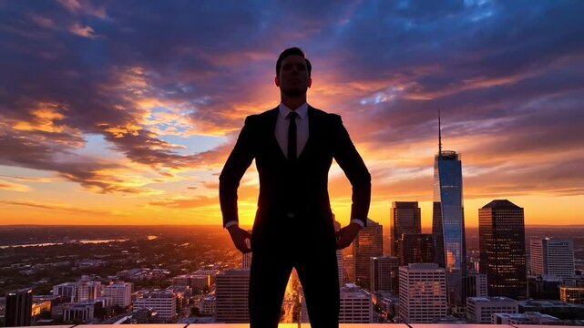 Businessman Silhouette on City Rooftop at Sunset - A businessman stands silhouetted with his arms crossed, atop a building overlooking a city skyline at sunset.