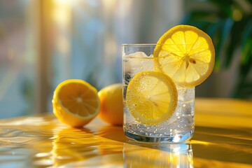 A refreshing glass of water with lemon slices and whole lemons on a reflective surface under sunlight