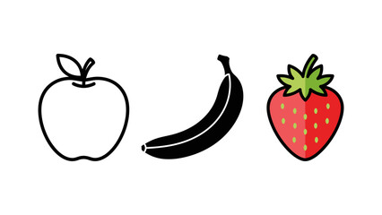 Apple outline banana silhouette and strawberry icon simple flat vector design for food-related projects isolated on white background