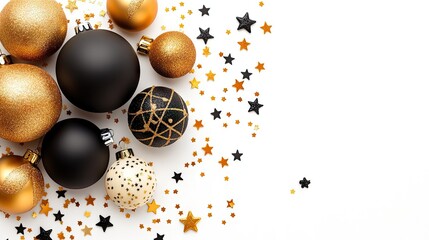 Elegant holiday decorations with black and gold ornaments on a festive white backdrop for creative design inspiration