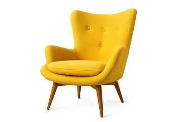 Yellow wingback armchair with wooden legs, elegant mid-century modern furniture for interior design concepts