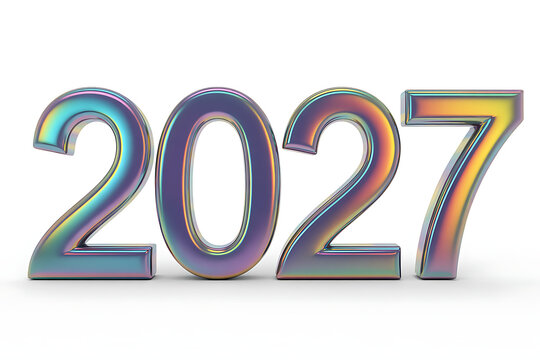 The year 2027 in metallic, holographic numbers isolated on white background