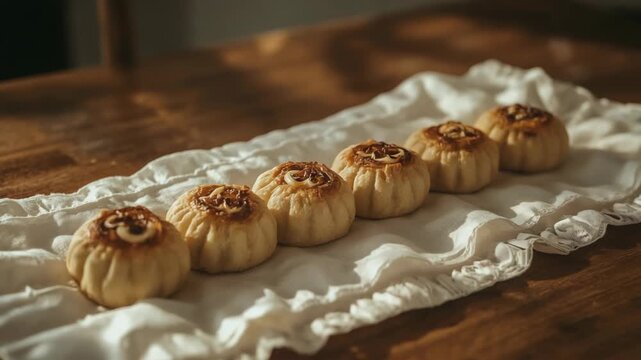 Golden baked pastries with a swirl pattern rest on a white cloth runner, bathed in warm sunlight on a rustic wooden table.