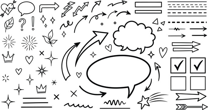 Hand drawn doodle elements arrows speech bubbles stars hearts and checkmarks