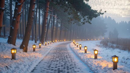 Silent winter path with snow and lantern casting warm light through fog by pine tree walkway in evening, serene landscape and quiet park atmosphere - Powered by Adobe