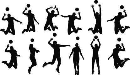 Female volleyball players silhouettes set, vector illustration of girls jumping and spiking ball, active sport team figures isolated on white background. © MstBeauti