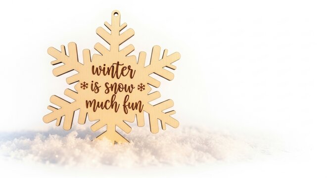 Wooden snowflake ornament with engraved text placed on snow. Bright white background with soft lighting. Concept of winter holidays and seasonal decoration - Powered by Adobe
