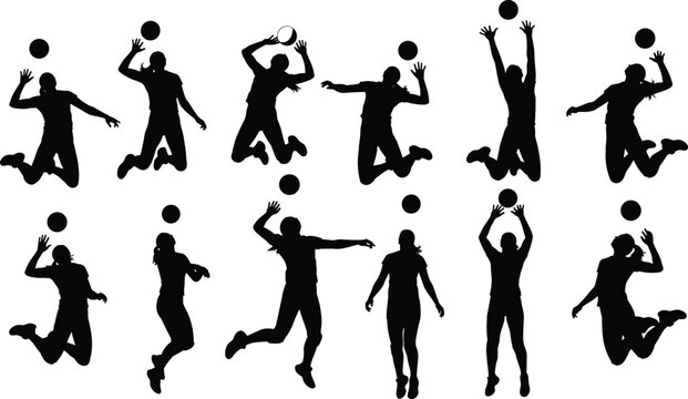 Female volleyball players silhouettes set, vector illustration of girls jumping and spiking ball, active sport team figures isolated on white background.