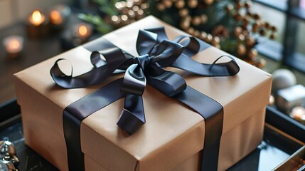 Exquisitely wrapped kraft gift box with a sophisticated black ribbon, enhancing a warm and celebratory seasonal decor setting