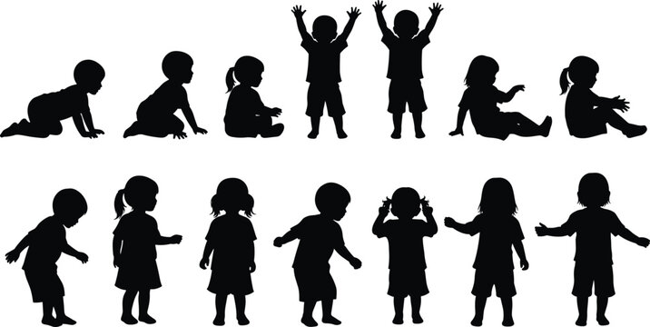 Happy children silhouettes set, vector collection of kids playing, crawling baby, sitting toddler, boy and girl standing, isolated on white background.