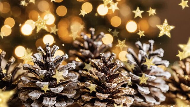 Festive Pine Cones and Golden Starry Background - This festive video features several pine cones sprinkled with shimmering glitter and adorned with twinkling golden stars.