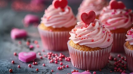 Close up of valentine's day cupcakes with pink frosting heart toppers and sprinkles on a gray surface