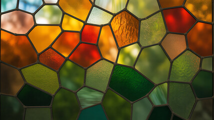 Closeup of a colorful stained glass window with geometric patterns
