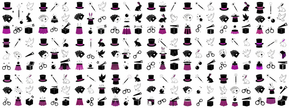 Seamless Pattern of Magic Show and Illusion Icons: Top Hats, Rabbits, Wands, Doves, Cards, and Illusion Props.