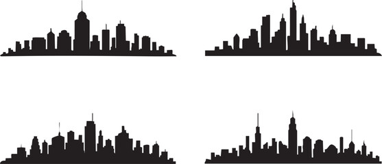 Several different cityscapes present in black silhouettes display the variety of modern urban skylines transparent