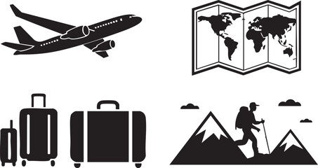 Plane soars above suitcases, hiker ascends mountain; a world map unfolds with clear background