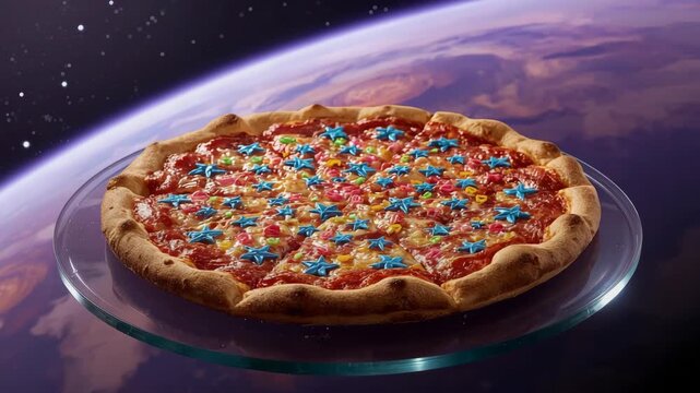 A surreal pizza topped with colorful candy stars floats in orbit against a backdrop of Earth and deep space, creating a whimsical cosmic feast.