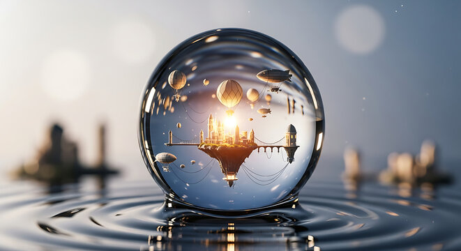 Floating island city captured in a crystal ball, a fantasy dream - Powered by Adobe
