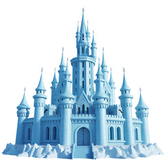 Magnificent blue ice castle with intricate spires and towers isolated on transparent background