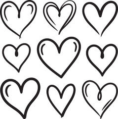 Nine heart shapes arranged in a grid pattern with hand drawn sketch style lines