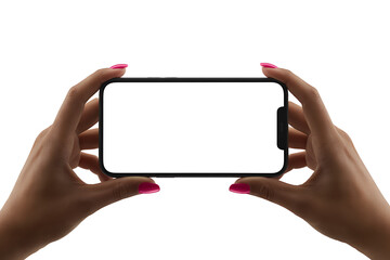 Hands holding a smartphone horizontally, isolated on white background