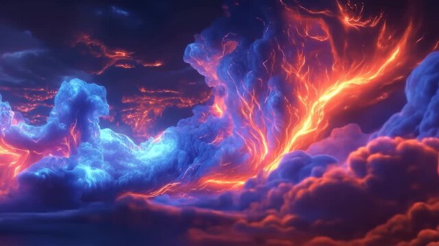 Fiery, abstract landscape of glowing red and blue clouds