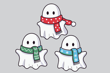 Cute Christmas Ghost Characters – Hand-Drawn Kawaii Holiday Vector Set