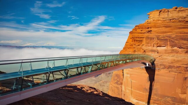 Glass skywalk bridge extending over a vast canyon with red rock formations and clouds below