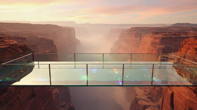 Glass Skywalk Over Grand Canyon at Sunset with Colorful Lights glass bridge observation deck