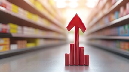 Red arrow graph illustrating financial growth within a supermarket environment emphasizing business success