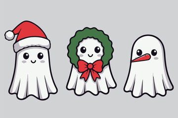 Cute Christmas Ghost Characters &ndash; Hand-Drawn Kawaii Holiday Vector Set