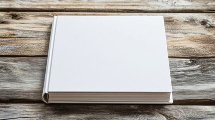 Fototapeta premium A blank white photo book resting on a wooden surface, ready for customization or memories